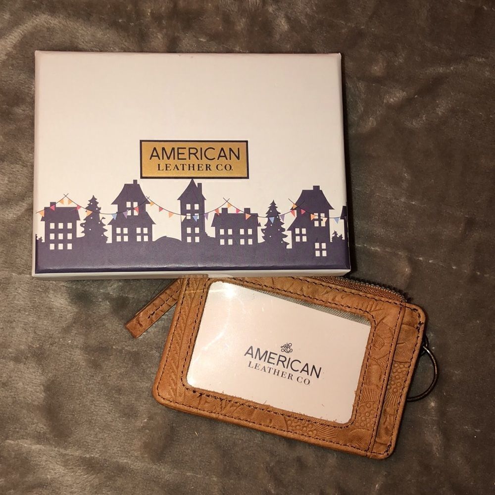 American Leather Co. Mini Tan Camel Textured Leather Floral ID Wallet